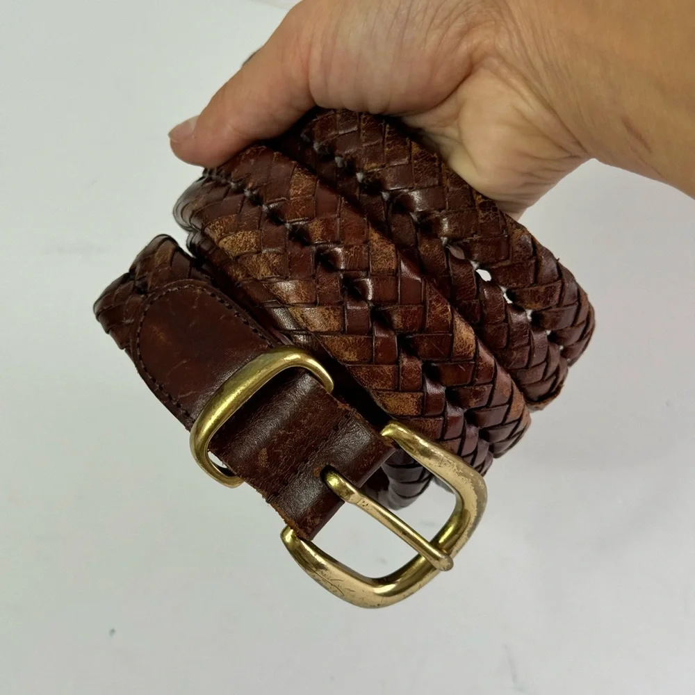 Coach Brown Leather Woven Strap Solid Goldtone Buckle Men’s Belt - Size 36